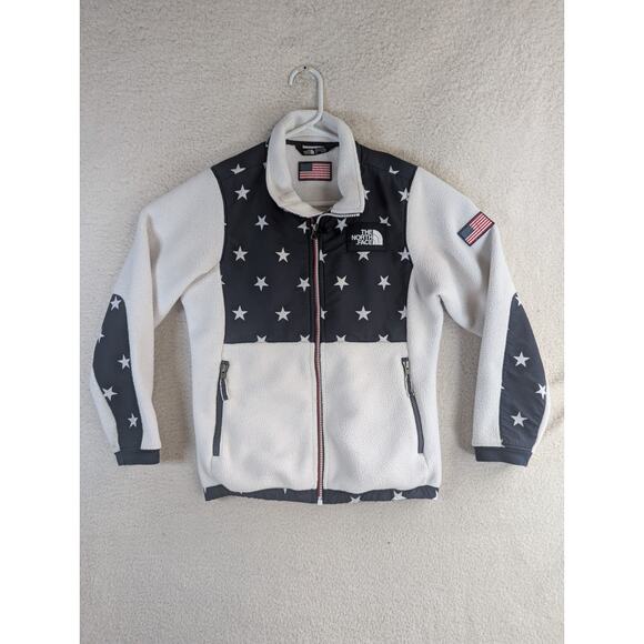 North Face Fleece Jacket Girls Large 14-16 Blue White Stars American READ/STAINS - Picture 1 of 16